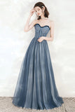 Blue Tulle Strapless Long Prom Dresses, A-Line Formal Evening Dresses HZ0429