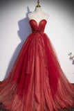 Burgundy Sweetheart Neckline Tulle Long Prom Dress, A-Line Evening Dress HZ0429