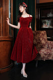 Burgundy Velvet Off the Shoulder Prom Dress, A-Line Party Dress HZ0429