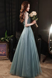 Green Tulle Beaded Long Prom Dress, Green A-Line Evening Dress HZ0429