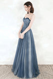 Blue Tulle Strapless Long Prom Dresses, A-Line Formal Evening Dresses HZ0429