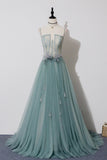 Green Lovely Tulle Straps Long A-Line Prom Dresses, Green Evening Dresses HZ0429