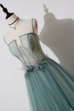 Green Lovely Tulle Straps Long A-Line Prom Dresses, Green Evening Dresses HZ0429