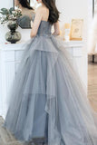 Gray Tulle Long A-Line Prom Dresses, Gray Strapless Evening Dresses HZ0429