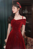Burgundy Velvet Off the Shoulder Prom Dress, A-Line Party Dress HZ0429