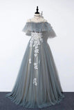 Gray Tulle Lace Long Prom Dress, A-Line Evening Dress HZ0429