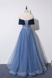 Blue Velvet Tulle Long Prom Dresses, Off the Shoulder Evening Dresses HZ0429