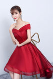 Red V-Neck Tulle High Low Prom Dress, Off the Shoulder Party Dress HZ0429