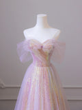 Shiny Tulle Sequins Long Prom Dress, A-Line Off the Shoulder Evening Dress HZ0429