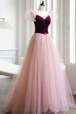 Burgundy Velvet and Pink Tulle Long A-Line Prom Dress, Lovely Party Dress HZ0429