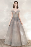 Cute Tulle Sequins Long Prom Dresses, Off the Shoulder Evening Dresses HZ0429