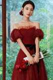 Burgundy Tulle Off the Shoulder Prom Dress, A-Line Evening Party Dress HZ0429