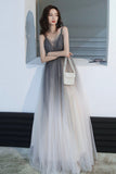 Gray Tulle Long Prom Dress, A-Line Backless Evening Dress HZ0429