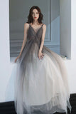 Gray Tulle Long Prom Dress, A-Line Backless Evening Dress HZ0429
