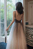 Gray Tulle Long Prom Dress, A-Line Backless Evening Dress HZ0429