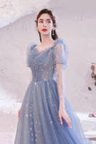Blue Tulle Beading Long A-Line Prom Dresses, Blue Long Sleeve Evening Dresses HZ0429