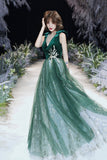 Green Velvet Tulle Long Prom Dresses, V-Neck Green Evening Dresses HZ0429