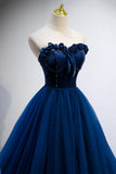 Blue Velvet Tulle Long Prom Dresses, A-Line Strapless Evening Dresses HZ0429
