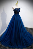 Blue Velvet Tulle Long Prom Dresses, A-Line Strapless Evening Dresses HZ0429