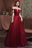 Burgundy Tulle Beaded Long Prom Dress, Off the Shoulder Evening Dress HZ0429