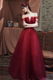 Burgundy Tulle Beaded Long Prom Dress, Off the Shoulder Evening Dress HZ0429