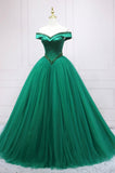 Green Tulle Long A-Line Ball Gown, Off the Shoulder Evening Dress HZ0429