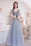 Gray V-Neck Tulle Sequins Long Prom Dresses, A-Line Evening Dresses HZ0429