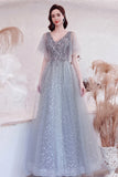 Gray V-Neck Tulle Sequins Long Prom Dresses, A-Line Evening Dresses HZ0429
