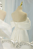 White Satin Long Prom Dress, Off the Shoulder Evening Dress HZ0429