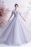 Gray Tulle Off the Shoulder Prom Dress, A-Line Evening Dress HZ0429