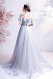 Gray Tulle Off the Shoulder Prom Dress, A-Line Evening Dress HZ0429