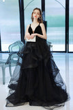 Black Tulle Lace Long Prom Dress, A-Line Evening Dress HZ0429