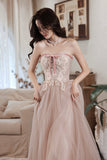Pink Strapless Lace Long Prom Dresses, A-Line Evening Dresses HZ0429