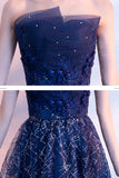 Blue Tulle Sequins Long Prom Dresses, A-Line Strapless Evening Dresses HZ0429