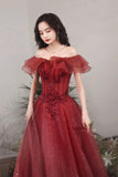Burgundy Off the Shoulder Tulle Long Formal Dresses, A-Line Evening Dresses HZ0429