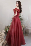 Burgundy Off the Shoulder Tulle Long Formal Dresses, A-Line Evening Dresses HZ0429
