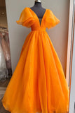 Orange Organza Long A-Line Prom Dress, Beautiful V-Neck Evening Dress HZ0429