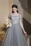 Gray Tulle Beaded Tea Length Prom Dress, A-Line Evening Dress HZ0429