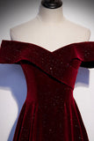 Burgundy Velvet Long Prom Dresses, Off the Shoulder Evening Dresses HZ0429