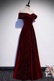 Burgundy Velvet Long Prom Dresses, Off the Shoulder Evening Dresses HZ0429