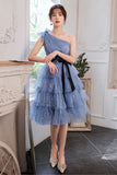Blue Tulle Short Prom Dresses, One Shoulder Evening Dresses HZ0429