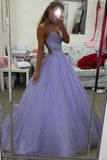 Purple Tulle Long A-Line Prom Dress, Purple Backless Evening Dress HZ0429