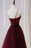 Burgundy Tulle Beaded Long Prom Dress, A-Line Spaghetti Strap Evening Dress HZ0429