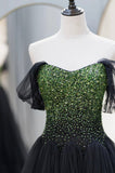 Black Tulle Long A-Line Prom Dress, Black Evening Dress with Green Beaded HZ0429