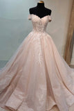 Pink Lace Long Prom Dresses, A-Line Off the Shoulder Evening Dresses HZ0429