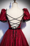 Burgundy Tulle Long Prom Dresses, A-Line Backless Evening Dresses HZ0429
