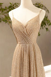 Gold V-Neck Sequins Long Prom Dress, A-Line Evening Party Dress HZ0429