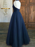 Blue V-Neck Tulle Long Prom Dress, Elegant Backless Evening Party Dress HZ0429
