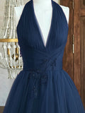Blue V-Neck Tulle Long Prom Dress, Elegant Backless Evening Party Dress HZ0429