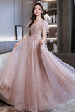 Pink Tulle Sequins Long Prom Dress, A-Line Short Sleeve Evening Dress HZ0429